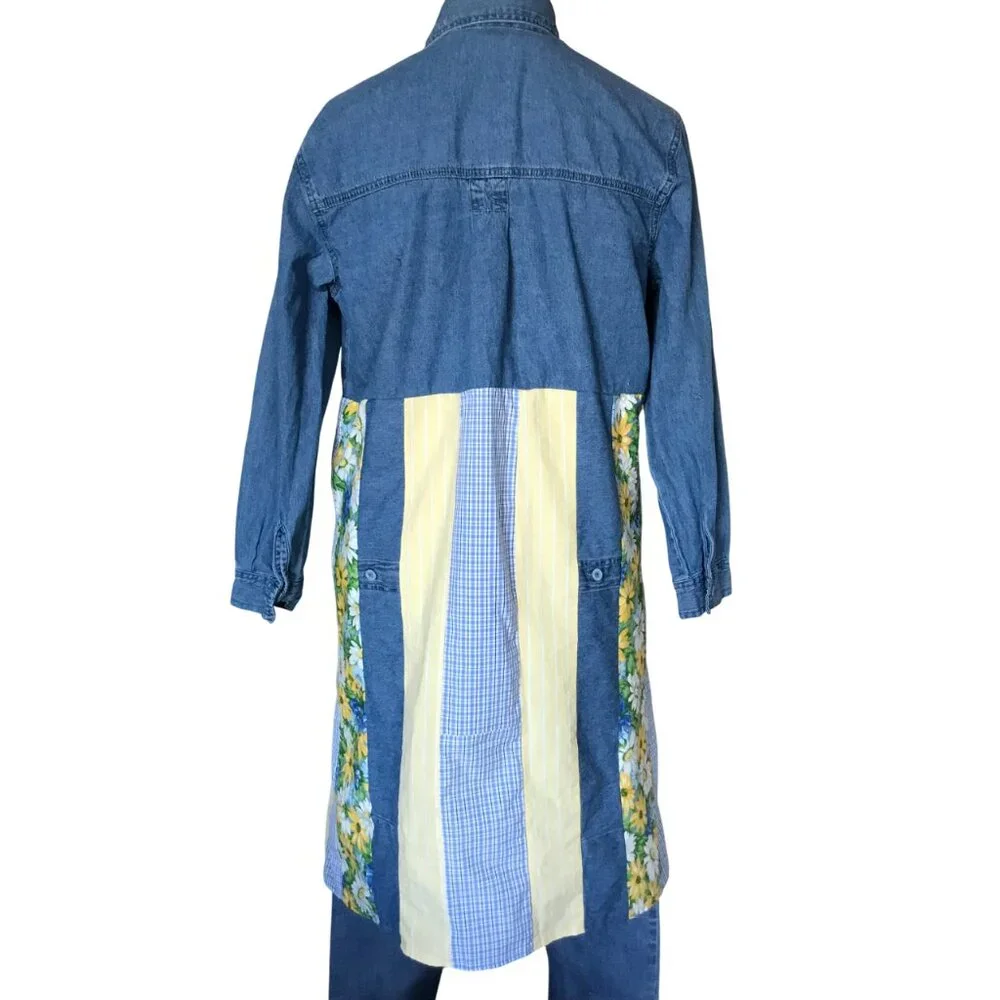 Patchwork Denim Duster, Upcycled Boho Layering Jacket Spring Daisies Size Large - Picture 3 of 14